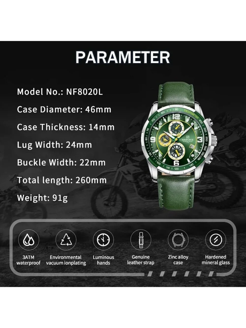 Men's Green Analog Quartz Chronograph Leather Strap Sport Fashion Wrist Watch